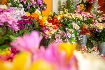 Close up of a huge arrenge of flowers in a flower shop studio
