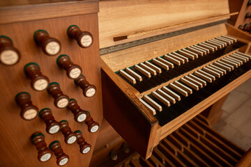 Close up of a historical wooden church organ, musical instrument