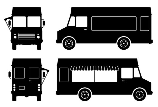 Food truck pictograms on white background. Vehicle black icons set view from side, front and back