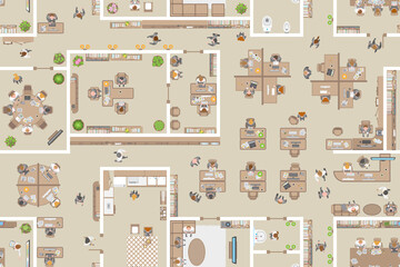Seamless pattern. Office top view. People at work. Office room, meeting room, reception, office furniture, cabinets, desks, chairs, computers. (view from above) 