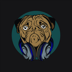 artwork illustration and t-shirt design pug dog with headphone hat premium vector