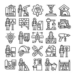 engineering, automation technology and tool icons set line design