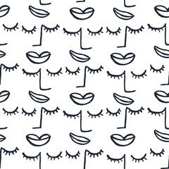 Naklejka premium Seamless pattern of eyes, noses, lips. Image for a poster or cover. Repeating texture. Figure for textiles.