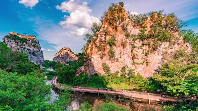 4k Time lapse,Scenery of Hin Kao Nguu National Park with tourists are traveling on a walkway,The famous attraction in Ratchaburi,Thailand