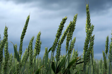Green ripening ears of wheat on a wheat field