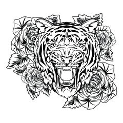 tattoo and t-shirt design black and white hand drawn tiger head with rose premium vector
