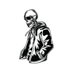 tattoo and t-shirt design black and white hand drawn skeleton with hoodie and black glasses premium vector