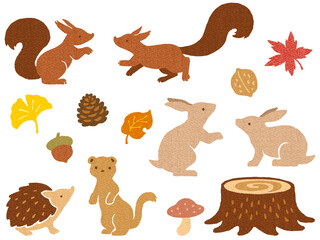 秋の紅葉と森の小動物のイラストセット（画用紙テクスチャ）
