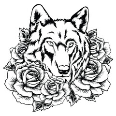 tattoo and t-shirt design black and white hand drawn wolf head and rose premium vector