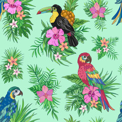 Vector trendy seamless pattern with parrots, toucan , palm leaves, pineapple, hibiscus and plumeria. Summer decoration print for wrapping, wallpaper, fabric. Tropical bouquet flowers.