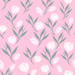 Floral pattern. Lilies and leaves on a gently pink background. Seamless vector texture.