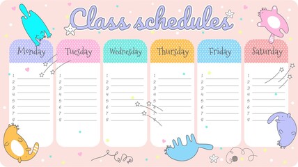 School schedule template. Timetable for pupils with cute cats. Vector Illustration.
