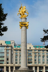 Fototapeta na wymiar Freedom Square and Golden statue of Saint George fighting the dragon, Tbilisi, Georgia, Caucasus, Middle East, Asia