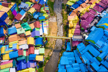 Aerial/Drone view of the colourful Rainbow Village in Malang