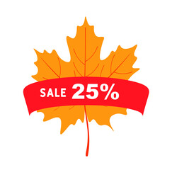 Fototapeta na wymiar Autumn sale background with 25 percent discount. Discount price tag. Special autumn sale with autumn leaves. Set of sale banners. Isolated background. Banner, flyer, invitation, poster, brochure.