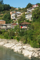 Houses along the Rioni River, Kutaisi, Imereti Region, Georgia, Caucasus, Middle East, Asia