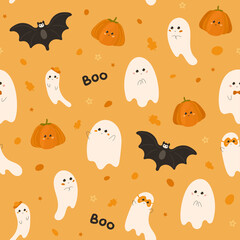 Seamless pattern with cute ghosts, pumpkins, bat and hand drawn lettering boo. Adorable characters in flat style. Vector illustration for wallpaper, banner, cards or invites to the Halloween party.