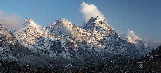 Mountain sunset panorama, Everest region, Himalayas, Nepal
