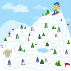 Boy snowboarder on the mountain. Educational game for children. A fun maze for young children. Cartoon vector illustration.