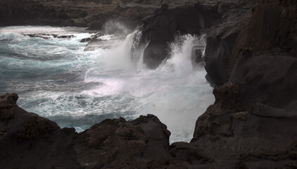 North coast of Gran Canaria, lava fields of Banaderos area, grey textured lava from eruption of Montana de Arucas