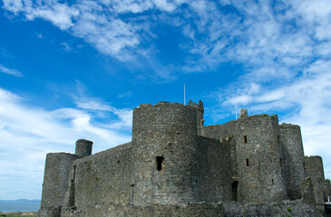 Fototapeta na wymiar Wales the historic seaside town of Harlech. Defensive towers and walls.
