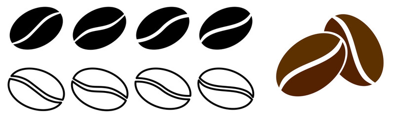 Set of simple coffee bean icons - slight variations, filled and outline version