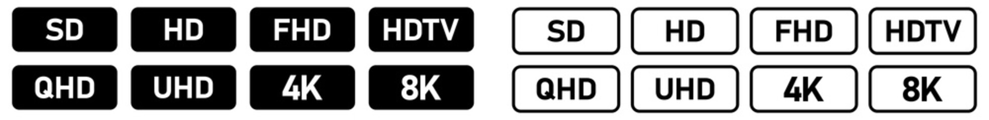Set of simple black and white video or display resolution icons - text in small rounded rectangle