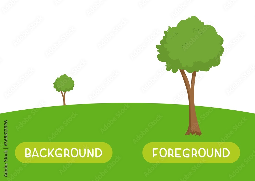 Wall mural background and foreground antonyms word card vector template. flashcard for english language learnin