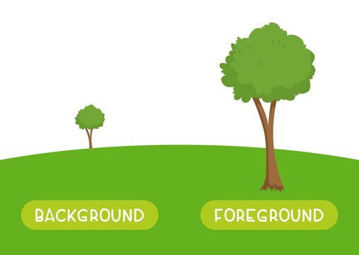 Background and foreground antonyms word card vector template. Flashcard for english language learning. Opposites concept. A green tree stands far on the horizon, a plant stands close.