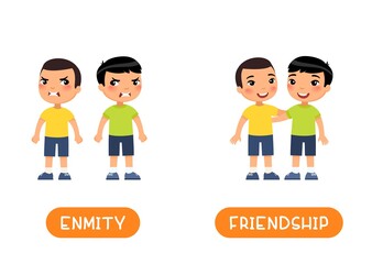 FRIENDSHIP and ENMITY antonyms flashcard vector template. Opposites concept. Two little asian boys quarrel and friends illustration with typography. Word card for english language learning 