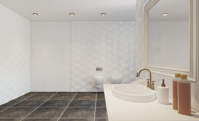 Modern bathroom with large window. 3D rendering.