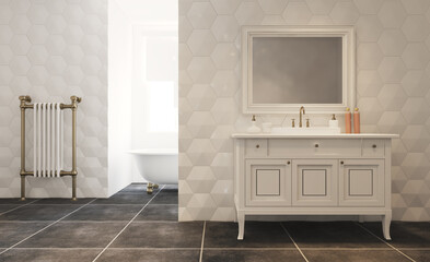 Modern bathroom with large window. Sunset.  Empty picture. 3D rendering.