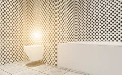 Clean and fresh bathroom with natural light. 3D rendering.. Sunset