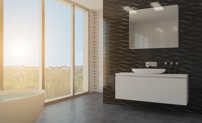 Scandinavian bathroom, classic  vintage interior design. 3D rendering.. Sunset.