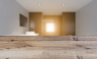 blurred interior on a wooden table background.. Sunset.