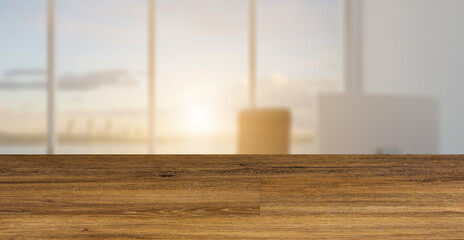 blurred interior on a wooden table background.Large doctor’s office in a business center with a large window. Lawyer consulting.. 3D rendering. Sunset