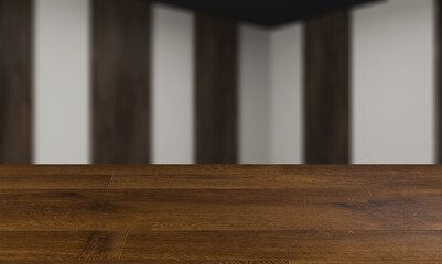 blurred interior on a wooden table background.Large interior in an office building. modern design. 3D rendering.