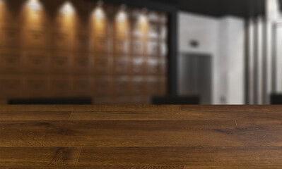 blurred interior on a wooden table background.Reception at the hospital. Appointment to the doctor. Lift. modern design. 3D rendering.