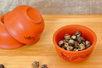 Green tea  cup on the  bamboo background.