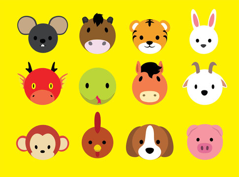 Animal Head Zodiac Set Cartoon Ball Vector Illustration