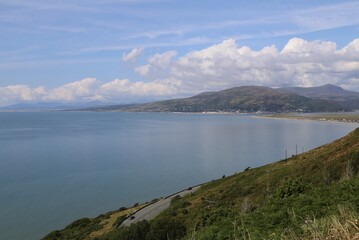 A high view across Cardigan Bay to Barmouth, the Llyn Peninsula and Snowdonia, Wales, UK.