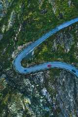 Aerial view Trollstigen road bend serpentine travel in Norway mountains drone scenery scandinavian trip