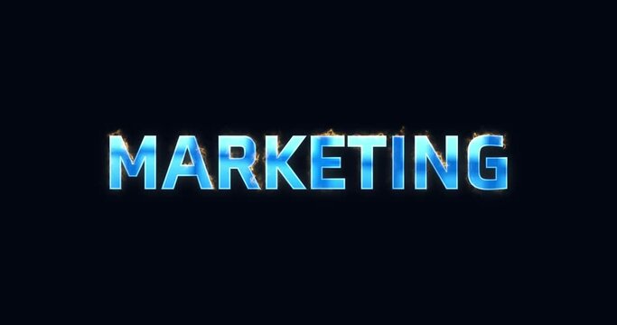 Das Wort Marketing. Intro Logo elektrisch (Blitze). Text blau. Opener Animation 4K