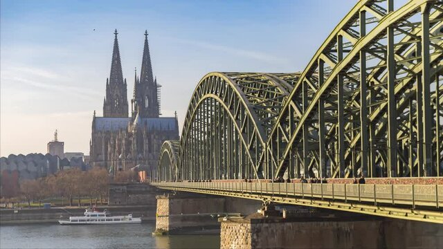 Time Lapse of Aerial View Cologne city and Cathedral with Hohenzollern Bridge, Cologne, Germany