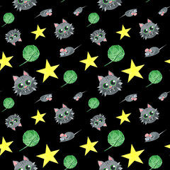 Seamless pattern with a mad black cat, a ball of thread, a gray mouse, a stars. Creative children's texture. Watercolor illustrations on a black background. For textiles, sites, wallpaper, packaging.