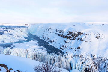 Picturesque winter landscape view of Gullfoss waterfall in Iceland.