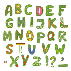 Vegan alphabet. Hand drawn veggie food letters.