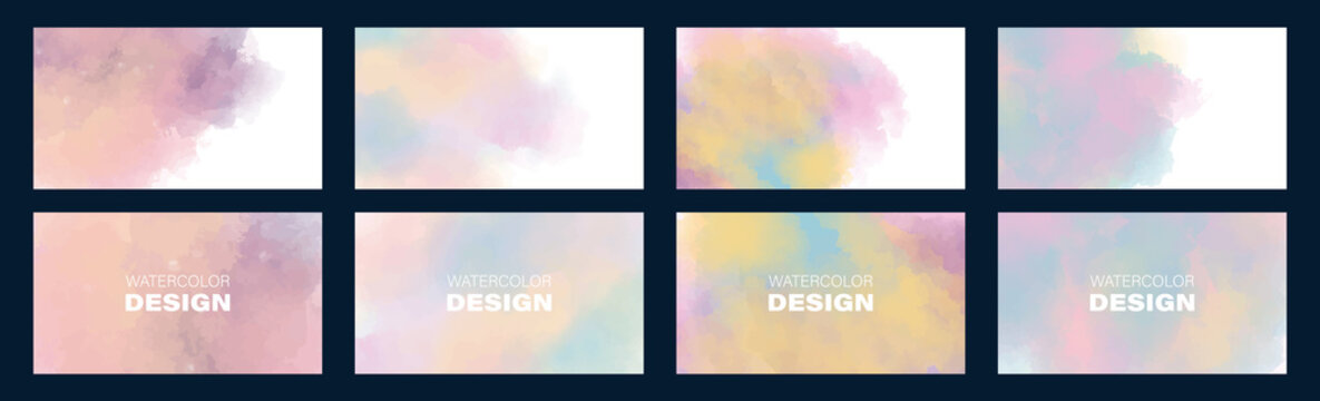 Set of watercolor business cards, poster, banner, flyer or invitation with front and back graphics. Rainbow and pastel colors. Free copy space for logo and graphics. Vector illustration. Collection.