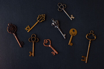 Many different old keys from different locks, scattered chaotically,