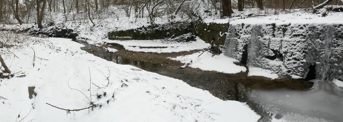 small river in the forest in the winter season